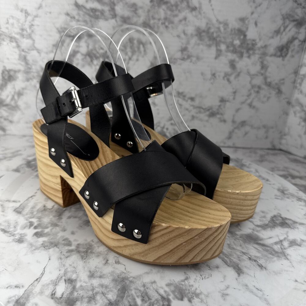 Intentionally Blank Womens Twin Clog Platform Sandal Size 8 Black Leather Wood